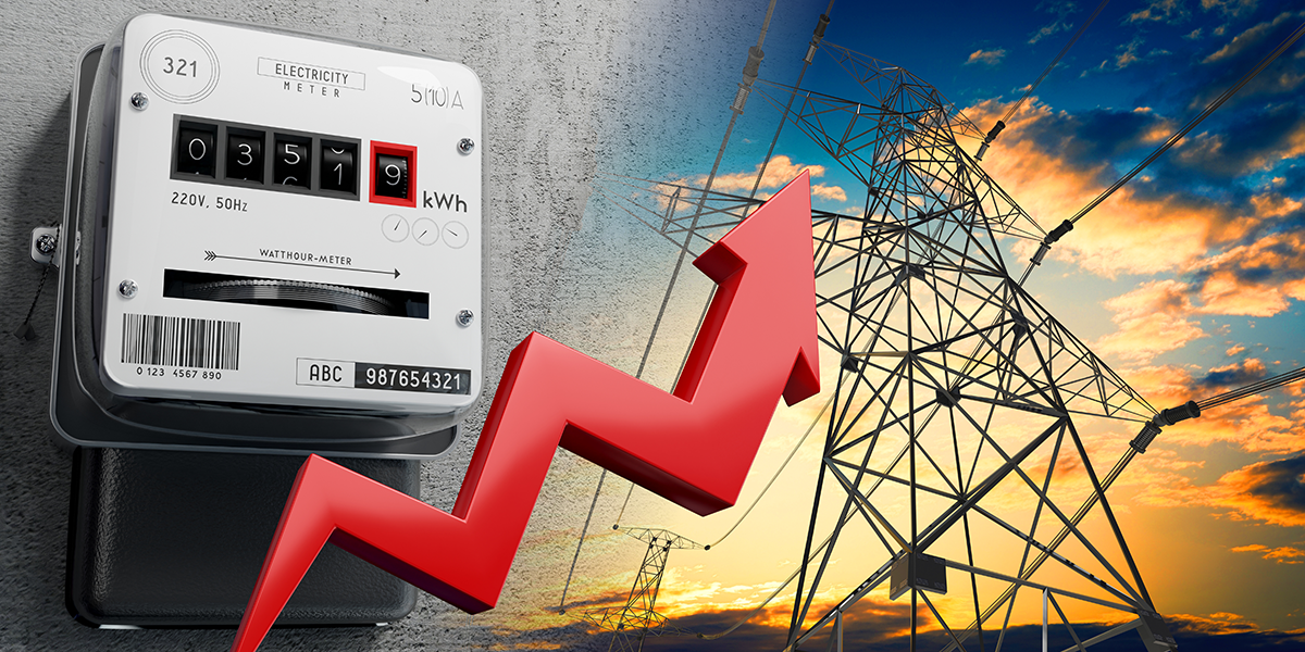 Energy crisis conference. Electricity meter beside an electrilcity pylon with a red arrow indicating incresing energy costs