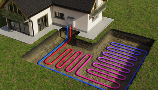 Image of a house with ground heat pump pipes at the back.