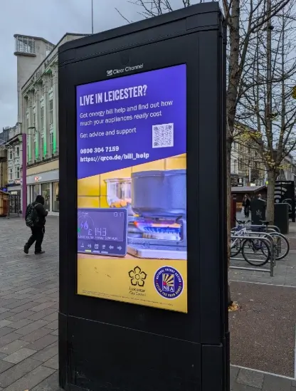 An electronic billboard in Leicester providing information of what types of advice that we offer. The project was a joint partnership between National Energy Action and Leicester City Council.