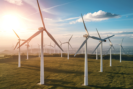 Image of a wind farm in the sunshine.