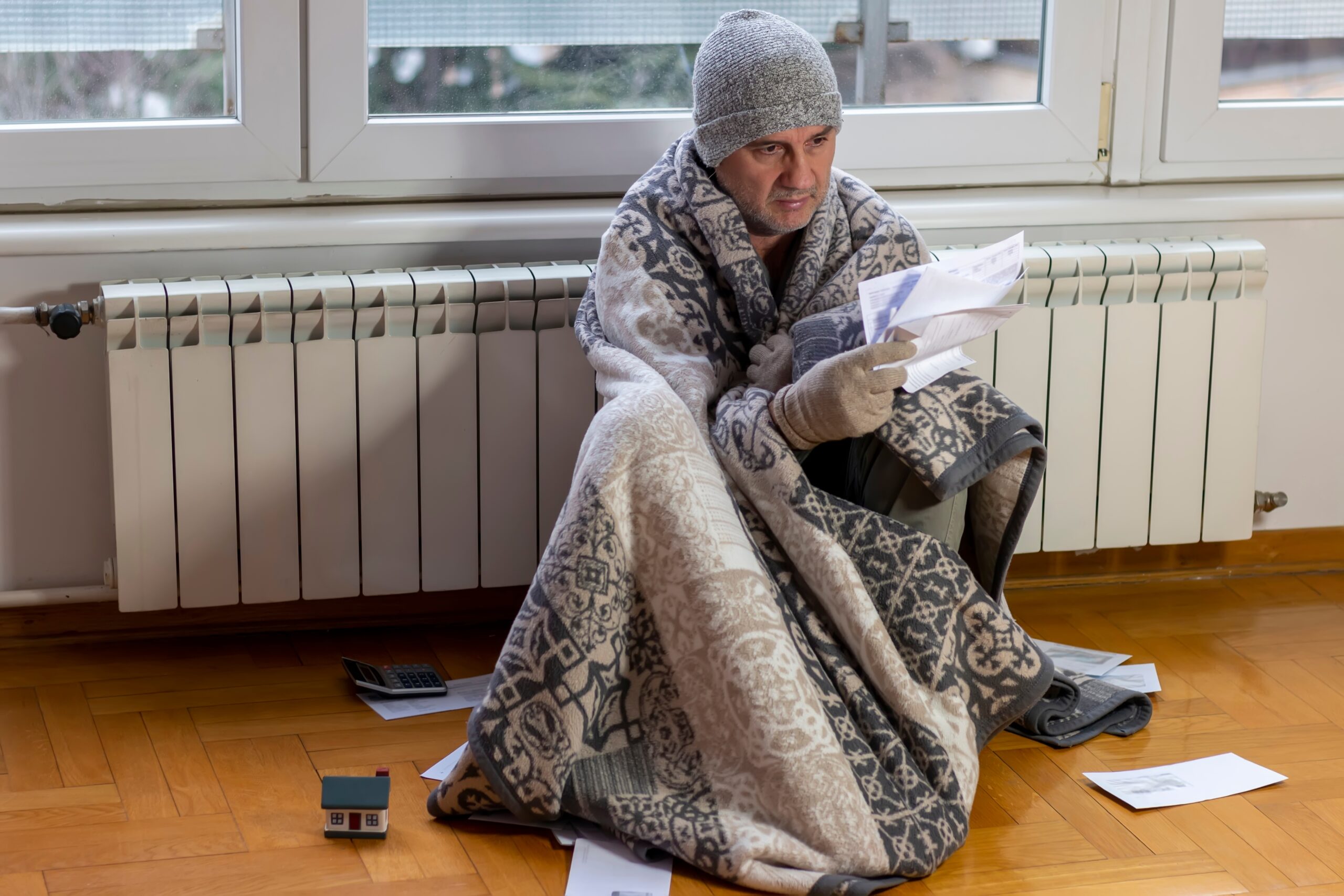 A man wearing a woolly hat and has a big blanket wrapped around himself is sitting on the floor in front of a radiator. He is reading a letter.