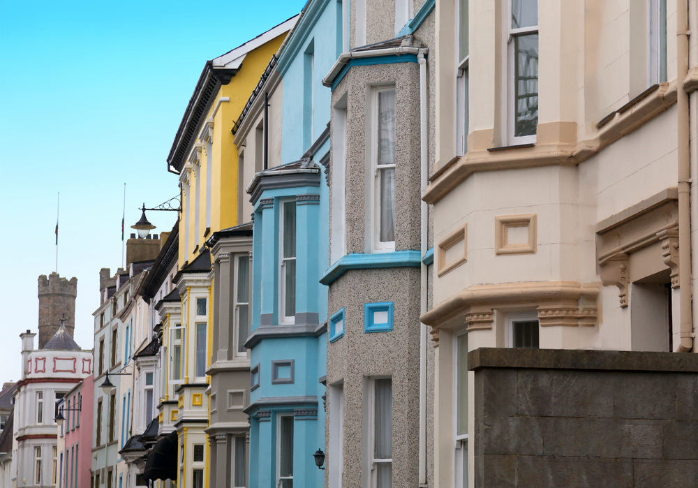 Row of colourful houses in Caernarfon, Wales.