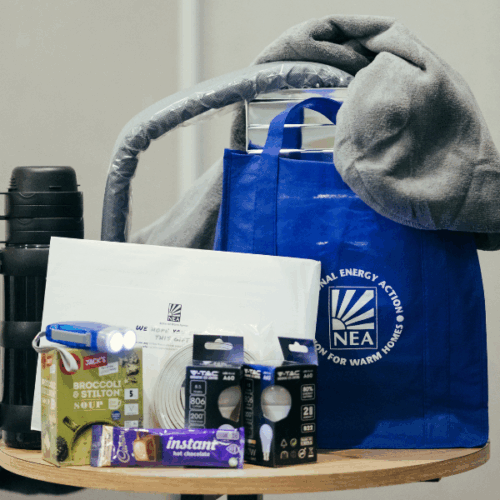 Photo of one of National Energy Action's Winter Warmth Support Packs. There is a blue bag with the logo on it, some energy efficient light bulbs, a thermos flask, hot chocolate. These are small measure that can be used to keep households in fuel poverty a little warmer.