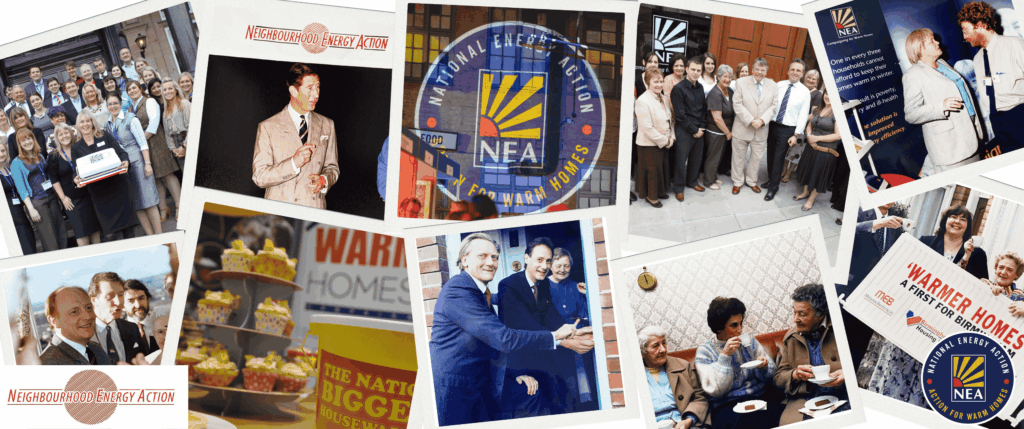 A photo montage of photos throughout National Energy Action's 45 year history. Photos include picture of King Charles at an event, our old Neighbourhood Energy Action logo and Members of Parliament at various events.