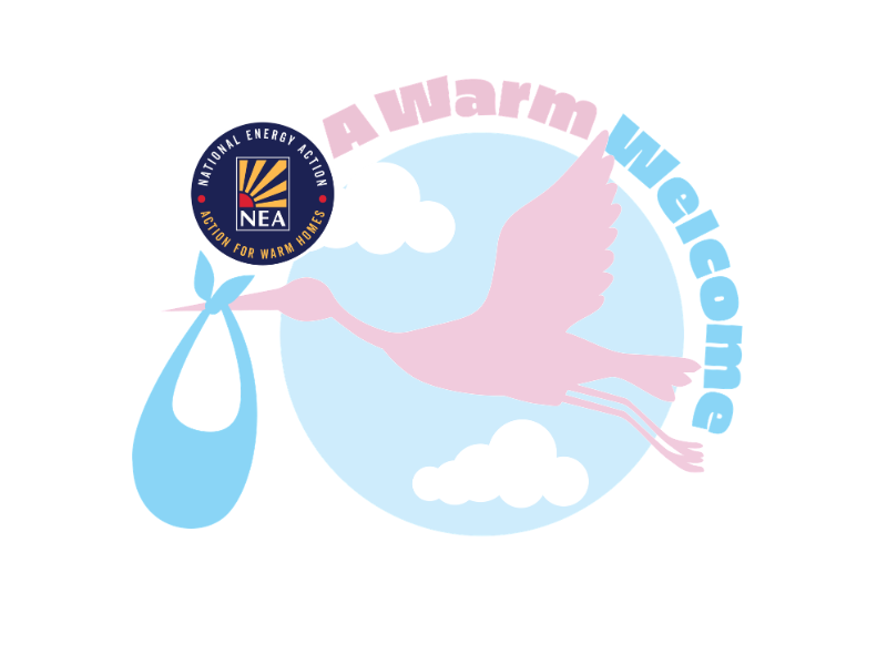 A logo for the A Warm Welcome project. It shows an illustration of a pink stork carrying a blue package.