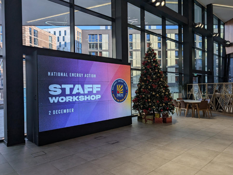 Staff workshop sign with Christmas tree